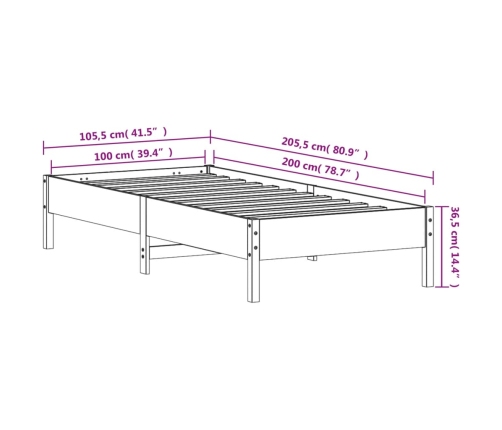 Cama sin colchón madera maciza de pino marrón cera 100x200 cm