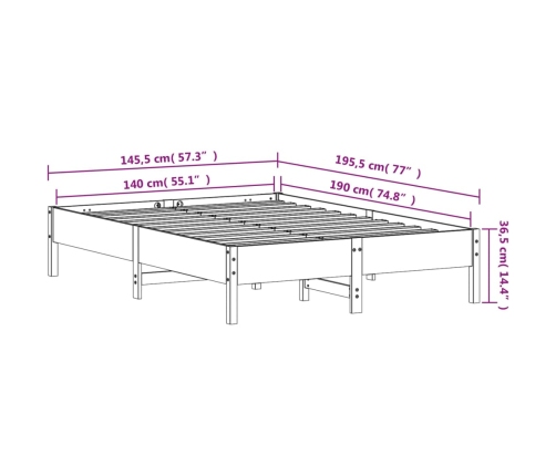 Cama sin colchón madera maciza de pino marrón cera 140x190 cm