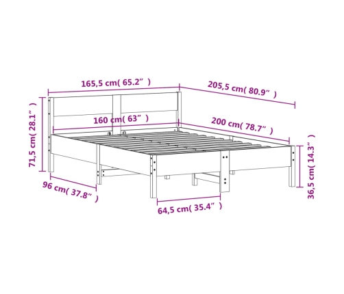 Estructura de cama sin colchón madera maciza de pino 160x200 cm