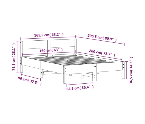 Cama sin colchón madera maciza de pino marrón cera 160x200 cm
