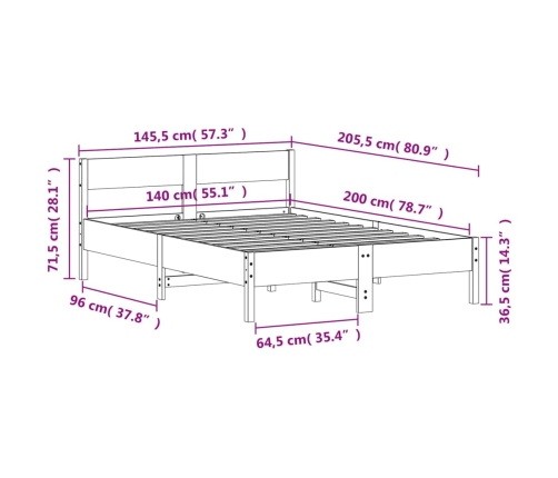 Cama sin colchón madera maciza de pino marrón cera 140x200 cm