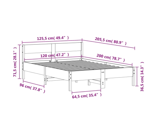 Cama sin colchón madera maciza de pino marrón cera 120x200 cm