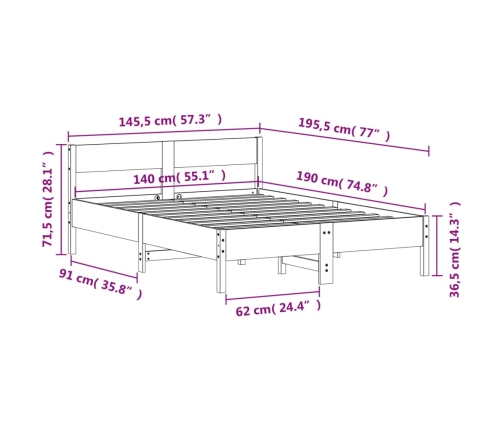 Estructura de cama sin colchón madera maciza de pino 140x190 cm