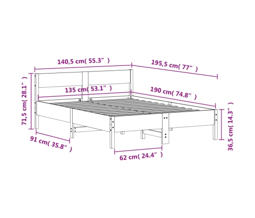 Estructura de cama sin colchón madera maciza de pino 135x190 cm