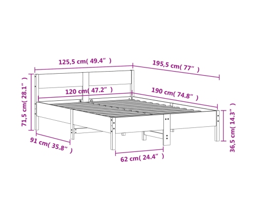 Estructura de cama sin colchón madera maciza de pino 120x190 cm