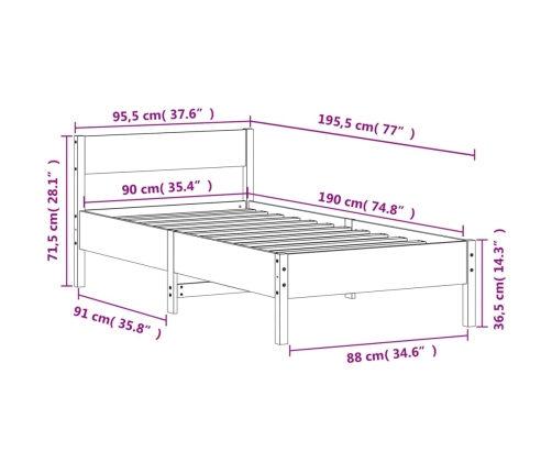 Estructura de cama sin colchón madera maciza de pino 90x190 cm