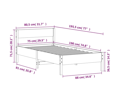 Estructura de cama sin colchón madera maciza pino 75x190 cm