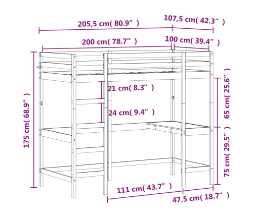 Cama alta con escritorio madera maciza pino blanca 100x200 cm