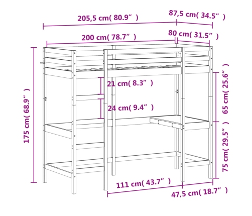 vidaXL Cama alta con escritorio madera maciza pino blanca 80x200 cm