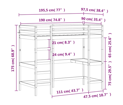 Cama alta con escritorio madera maciza de pino 90x190 cm