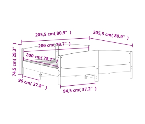 Cama sin colchón madera maciza de pino marrón cera 200x200 cm