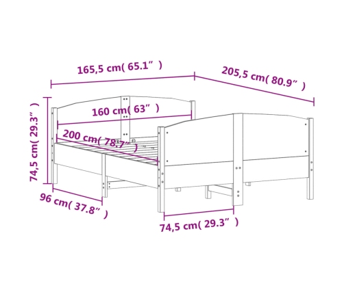 Estructura de cama sin colchón madera maciza de pino 160x200 cm