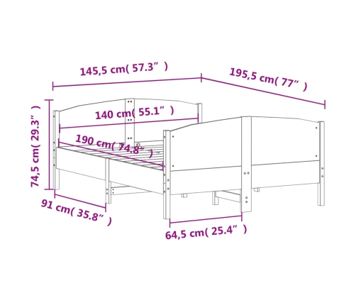 Estructura de cama sin colchón madera de pino blanca 140x190 cm