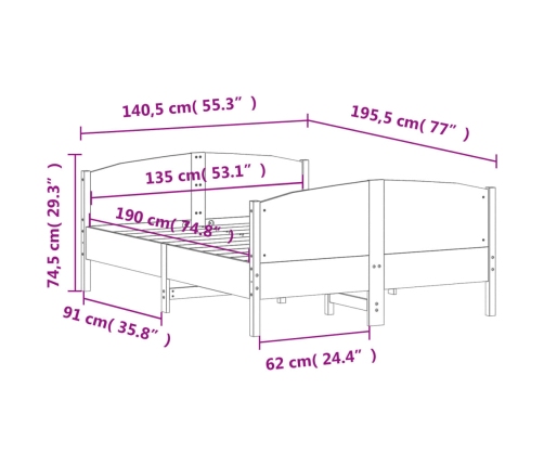 Estructura de cama sin colchón madera maciza de pino 135x190 cm