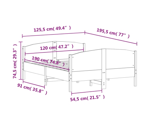 Estructura de cama sin colchón madera maciza de pino 120x190 cm