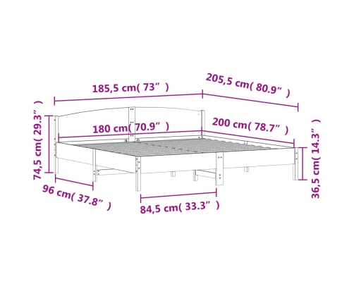 Estructura de cama sin colchón madera maciza de pino 180x200 cm