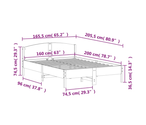 Estructura de cama sin colchón madera maciza de pino 160x200 cm