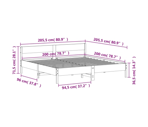 Cama sin colchón madera maciza de pino marrón cera 200x200 cm