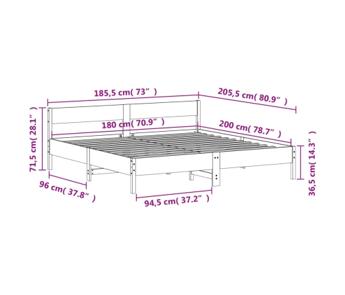Estructura de cama sin colchón madera maciza de pino 180x200 cm