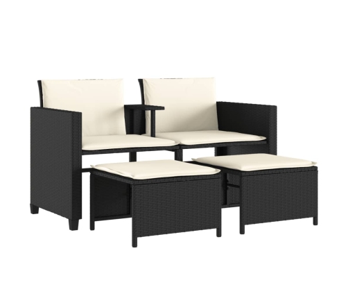 Sofá de jardín 2 plazas con mesa y taburetes ratán PE negro