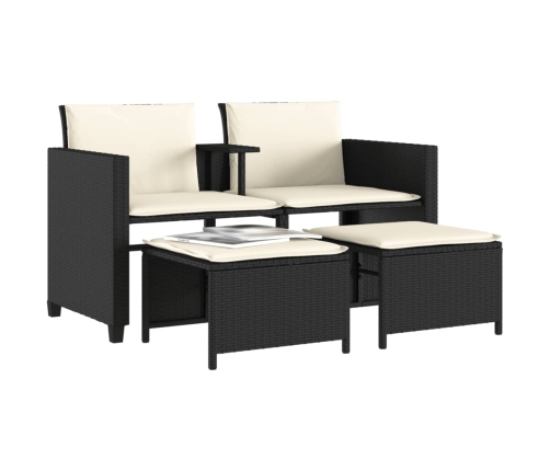 Sofá de jardín 2 plazas con mesa y taburetes ratán PE negro