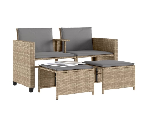 Sofá de jardín 2 plazas con mesa y taburetes ratán PE beige