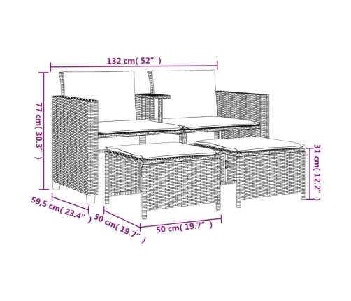 Sofá de jardín 2 plazas con mesa y taburetes ratán PE beige