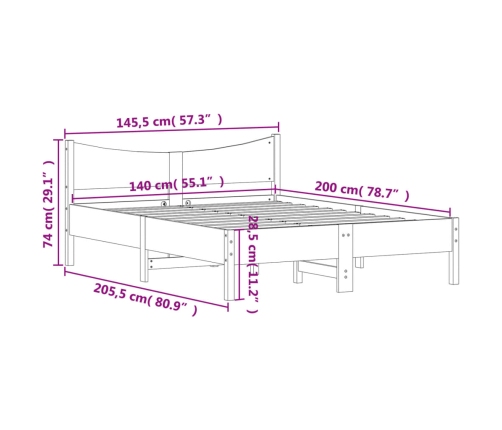 Cama sin colchón madera maciza de pino marrón cera 140x200 cm