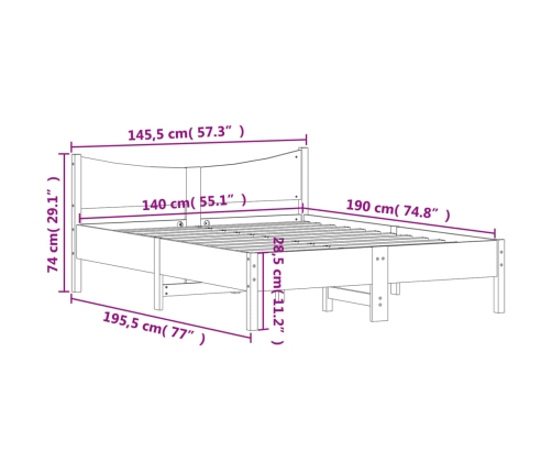 Cama sin colchón madera maciza de pino marrón cera 140x190 cm