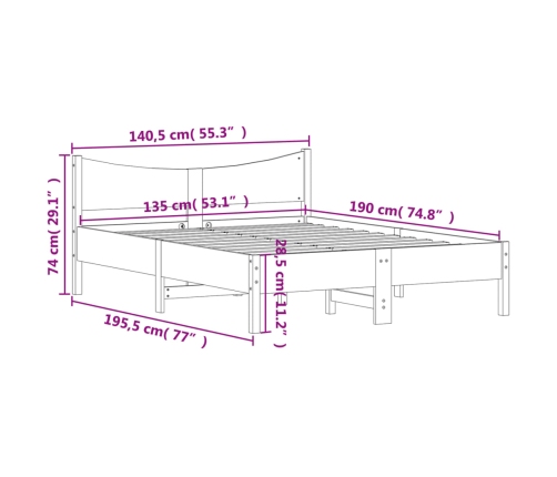 Estructura de cama sin colchón madera maciza de pino 135x190 cm