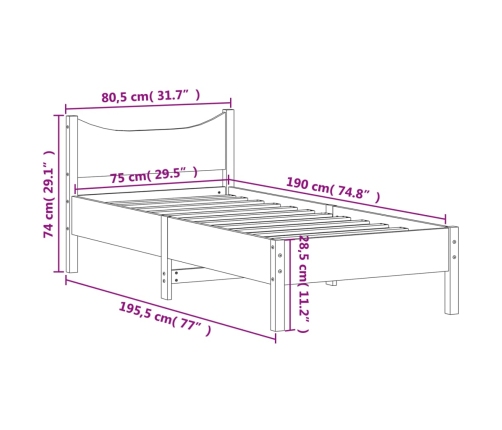 Estructura de cama sin colchón madera maciza pino 75x190 cm