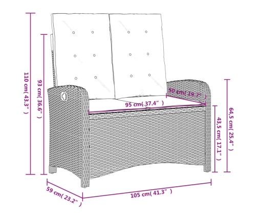 Sillón reclinable de jardín con cojines ratán sintético gris