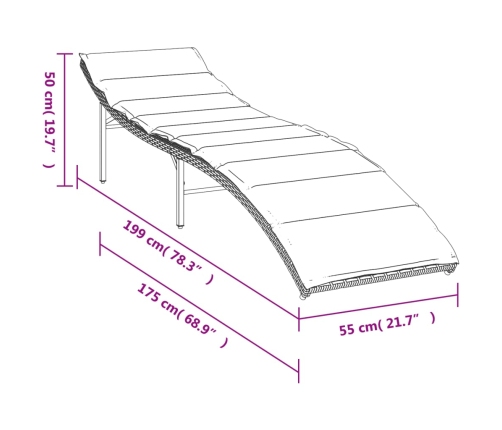 vidaXL Tumbona con cojín ratán sintético gris 55x199x50 cm