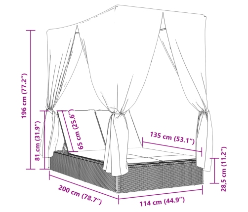 Tumbona doble con techo y cortinas ratán sintético marrón