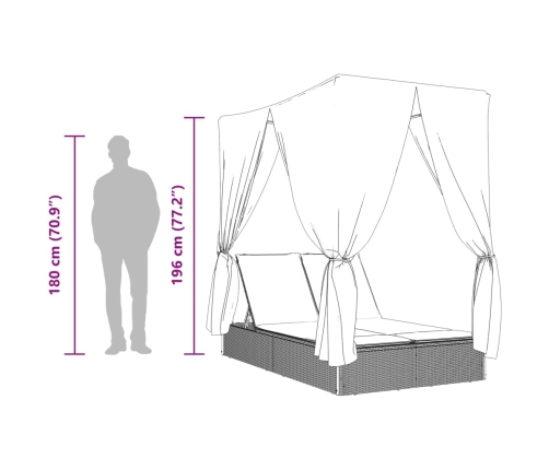 Tumbona doble con techo y cortinas ratán sintético marrón