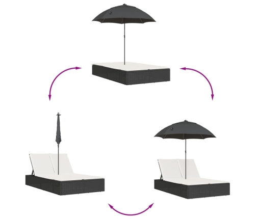 Tumbona doble con cojines y sombrilla ratán sintético negro