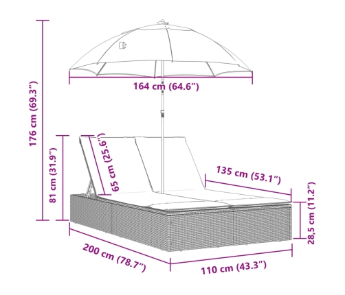Tumbona doble con cojines y sombrilla ratán sintético marrón