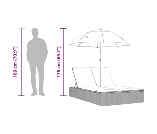 Tumbona doble con cojines y sombrilla ratán sintético marrón