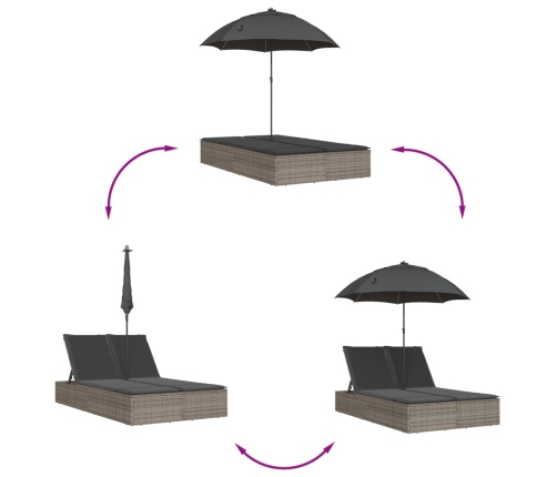 Tumbona doble con cojines y sombrilla ratán sintético gris