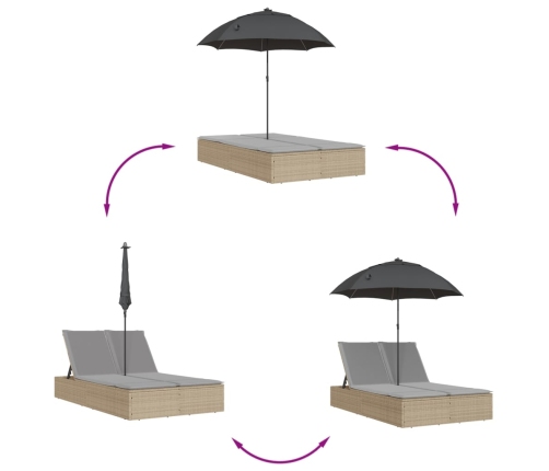 Tumbona doble con cojines y sombrilla ratán sintético beige