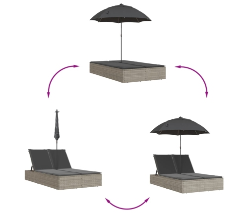 Tumbona doble cojines y sombrilla ratán sintético gris claro