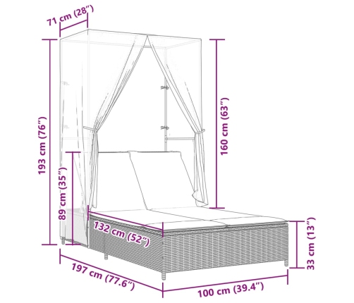 Tumbona doble con techo y cortinas ratán sintético marrón