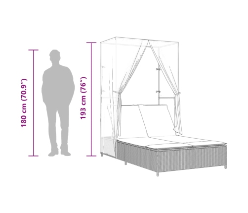 Tumbona doble con techo y cortinas ratán sintético gris claro