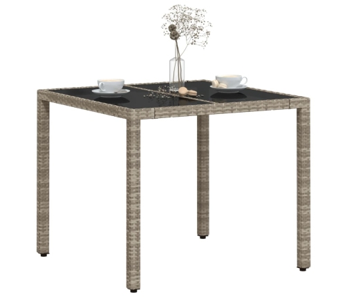 vidaXL Mesa de jardín superficie vidrio ratán PE gris claro 90x90x75cm