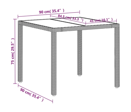 vidaXL Mesa de jardín superficie vidrio ratán PE gris claro 90x90x75cm