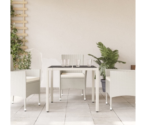 Mesa de jardín superficie de vidrio ratán PE blanco 90x90x75 cm