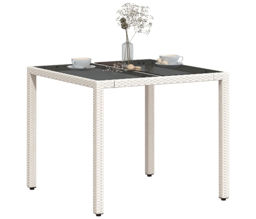 Mesa de jardín superficie de vidrio ratán PE blanco 90x90x75 cm