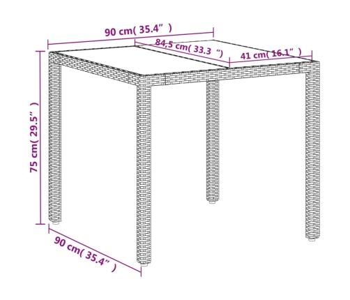 Mesa de jardín superficie de vidrio ratán PE blanco 90x90x75 cm