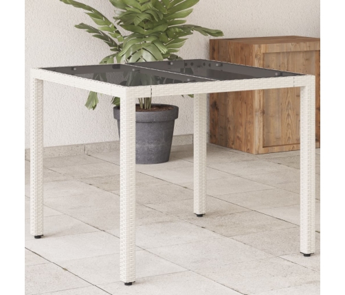 Mesa de jardín superficie de vidrio ratán PE blanco 90x90x75 cm