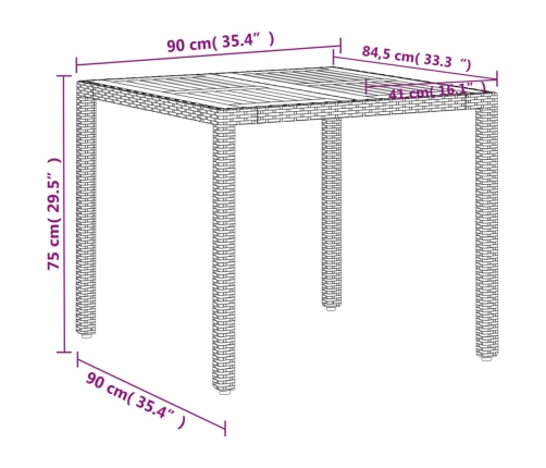 Mesa de jardín de ratán PE y madera acacia beige 90x90x75 cm